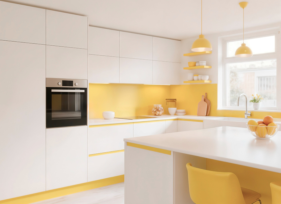 Modern white and yellow modular kitchen by Modulo Kitchens
